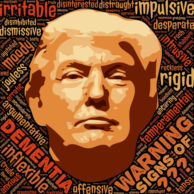 Portrait stylisé de Donald Trump entouré de mots décrivant des comportements